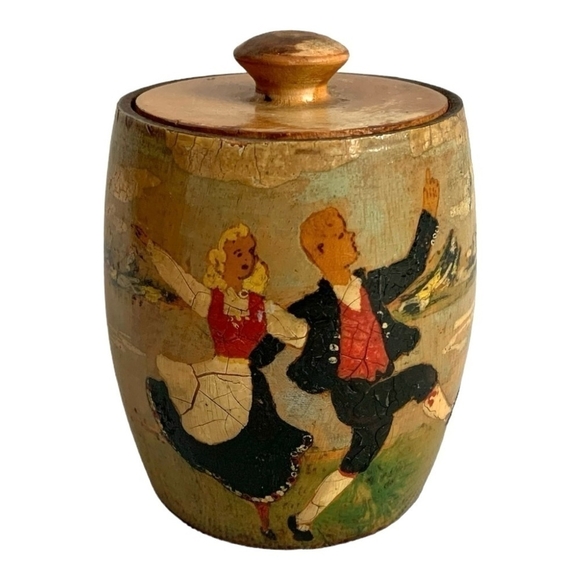 Rare VNTG Wooden Hand Painted Lidded Pot Norwegian Norge Treenware Souvenir Gift - Picture 2 of 6